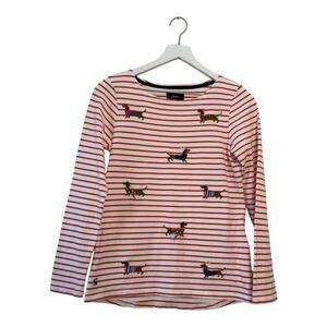 Joules Striped Dachshund Embroidered Long Sleeve Top US 4 Red White Cotton